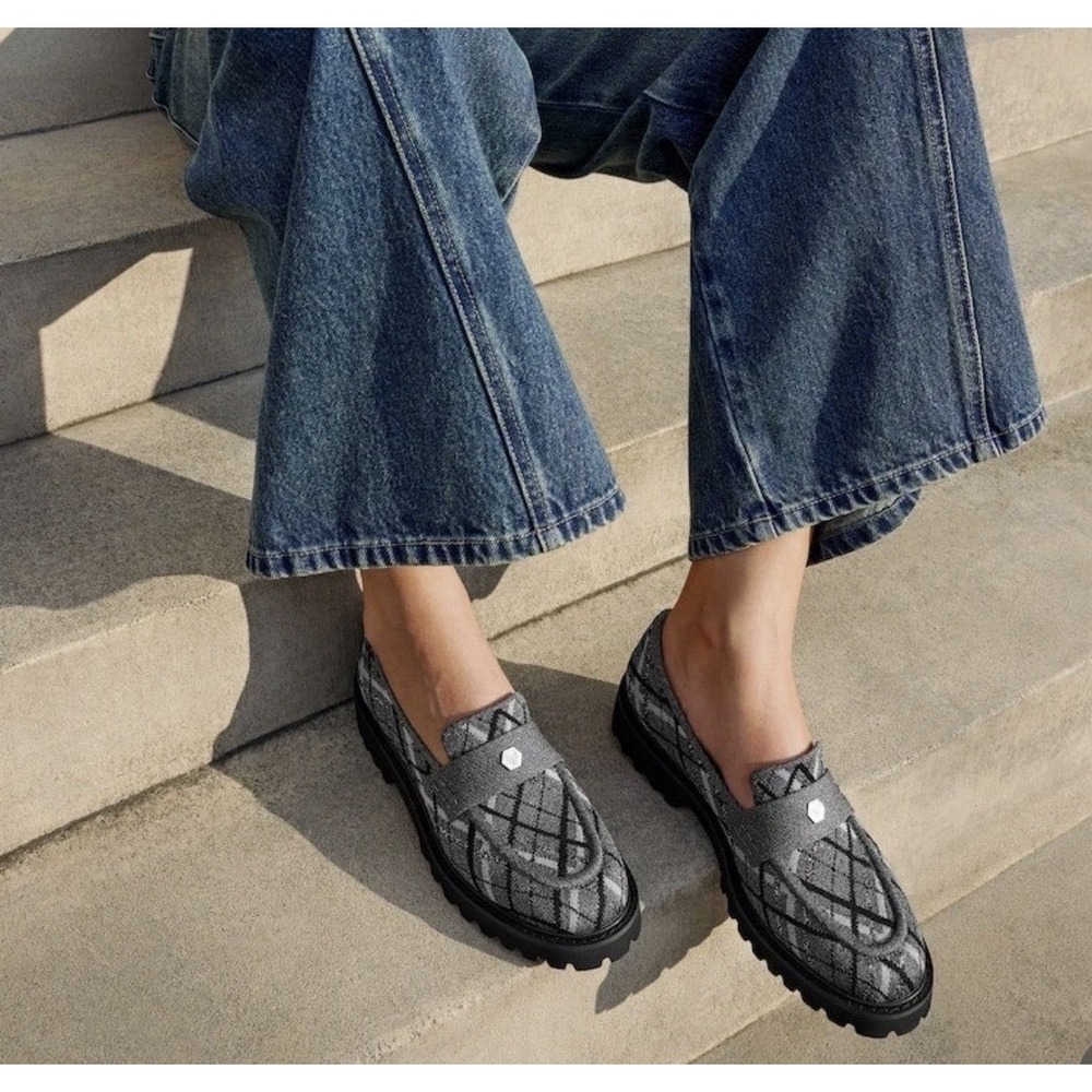 VIVAIA Francesca Grey Plaid Platform Chunky Heel Loafers Round Toe Knit 40.5 9.5
